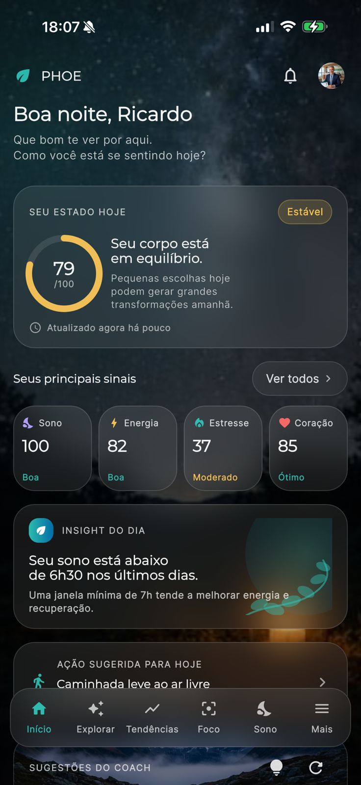 PHOE app home screen with BioScore 79